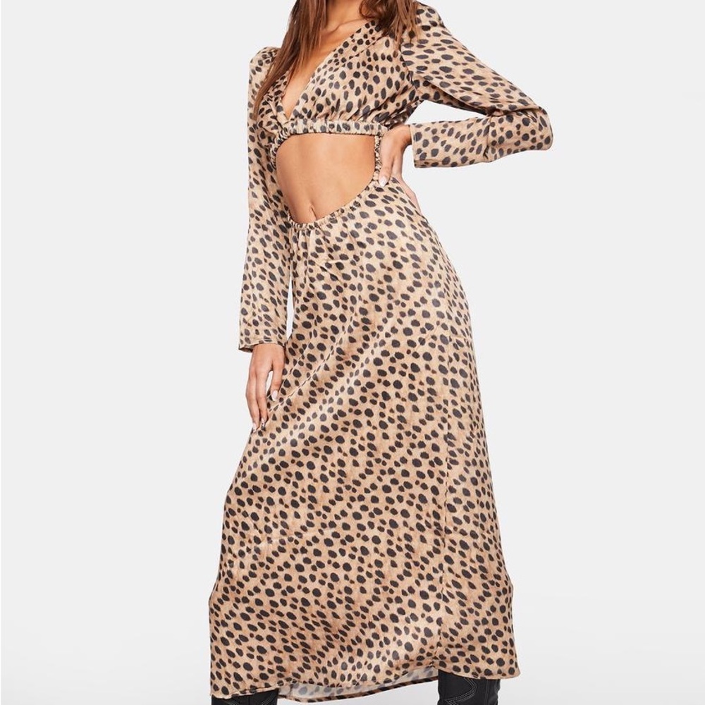 We Wore What x Danielle Bernstein Cut Out Satin Leopard Print Midi Cheetah dress